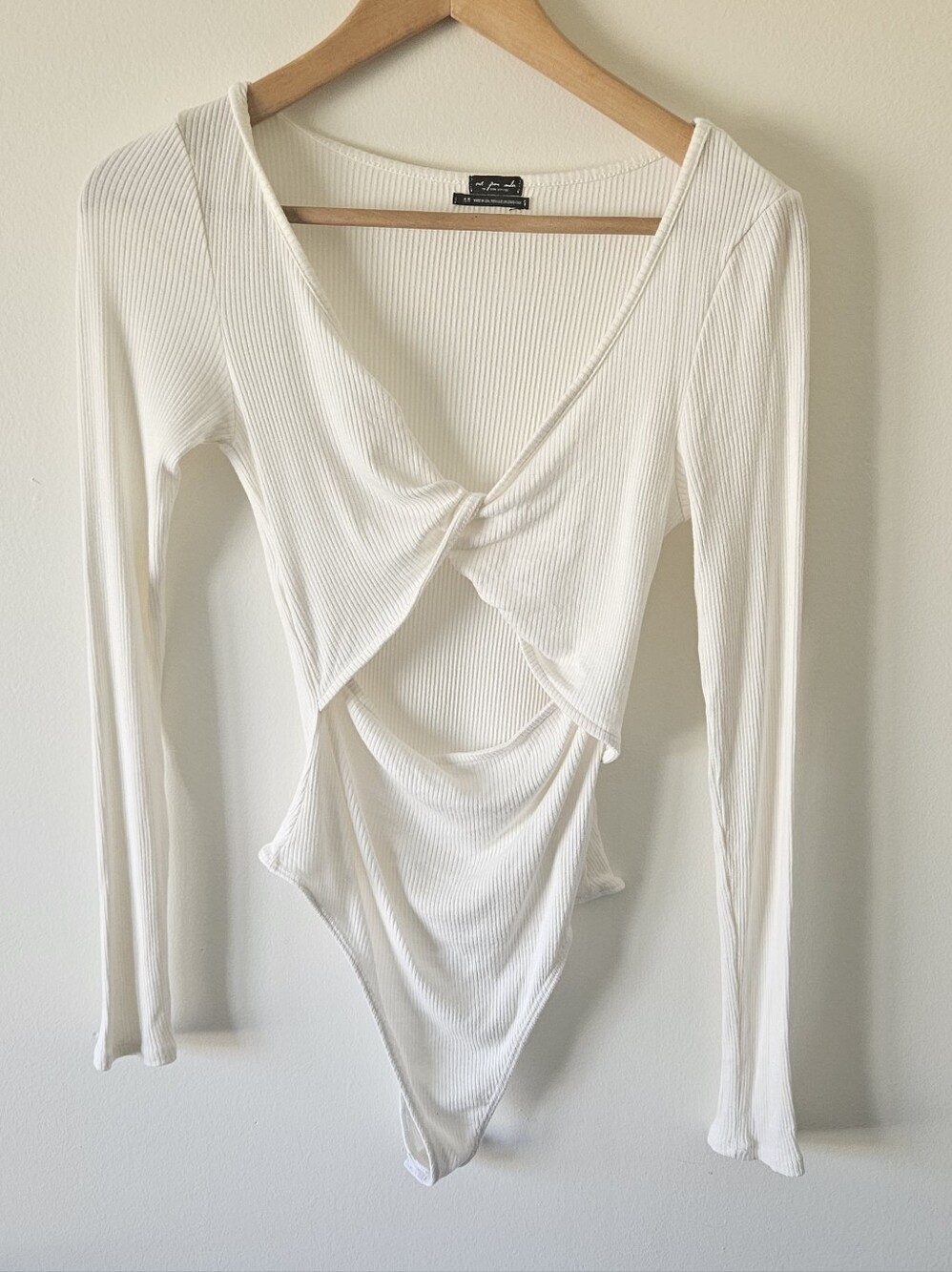 Urban Outfitters White Ribbed Twist-Front Long Sleeve Bodysuit